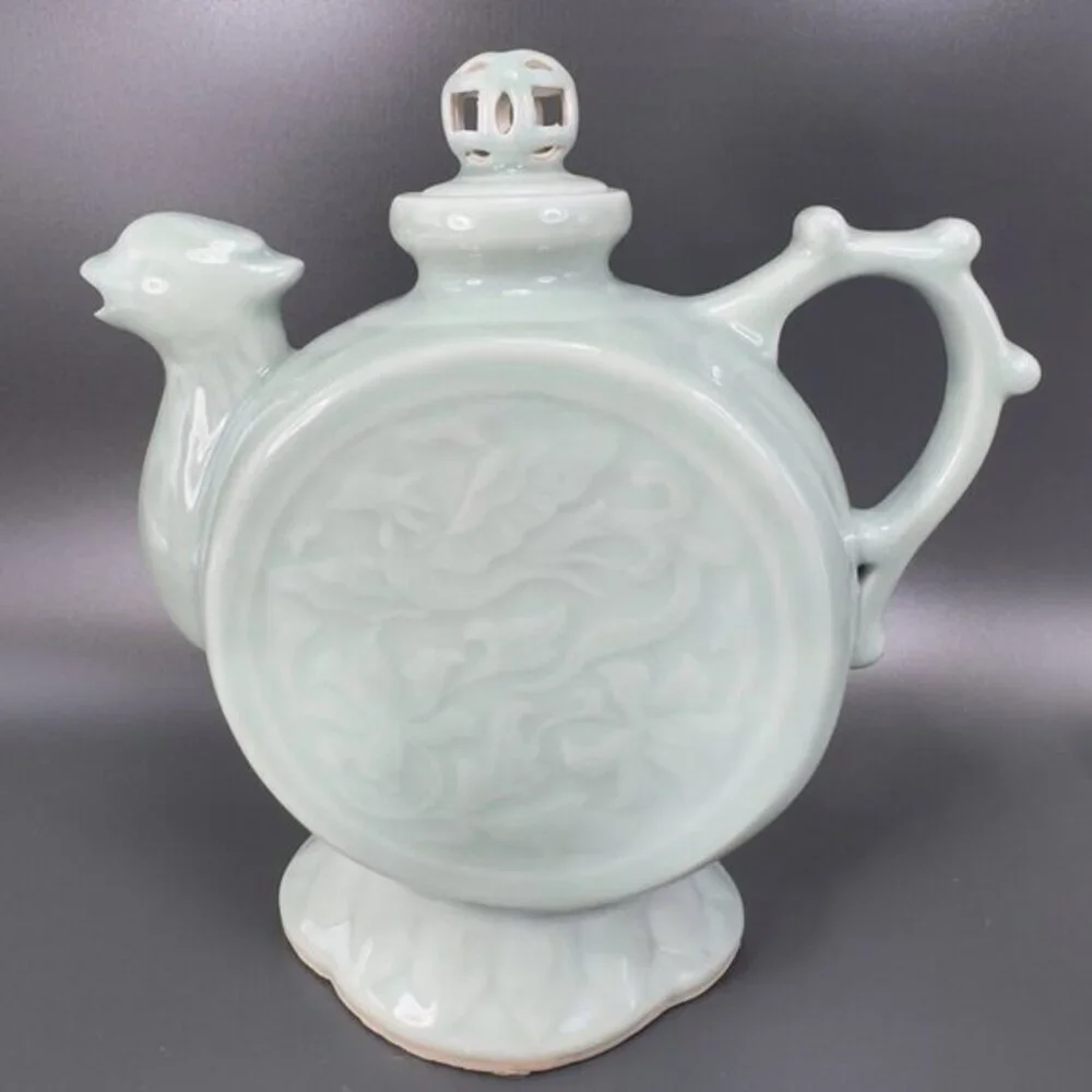 Vintage Chinese Celadon Teapot Phoenix Articulated‎ Lid Jug Carafe Light Green